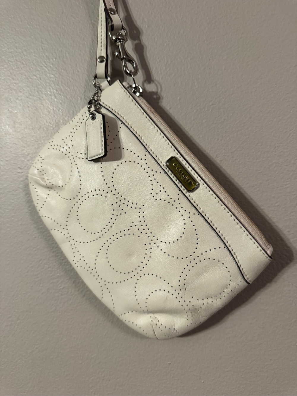 Coach White Perforated Leather Wristlet with Gold Accent